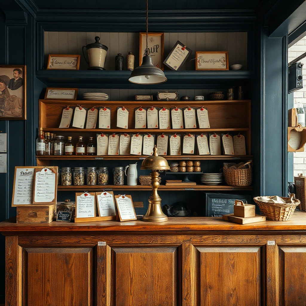 Wooden shop counter with brass bell