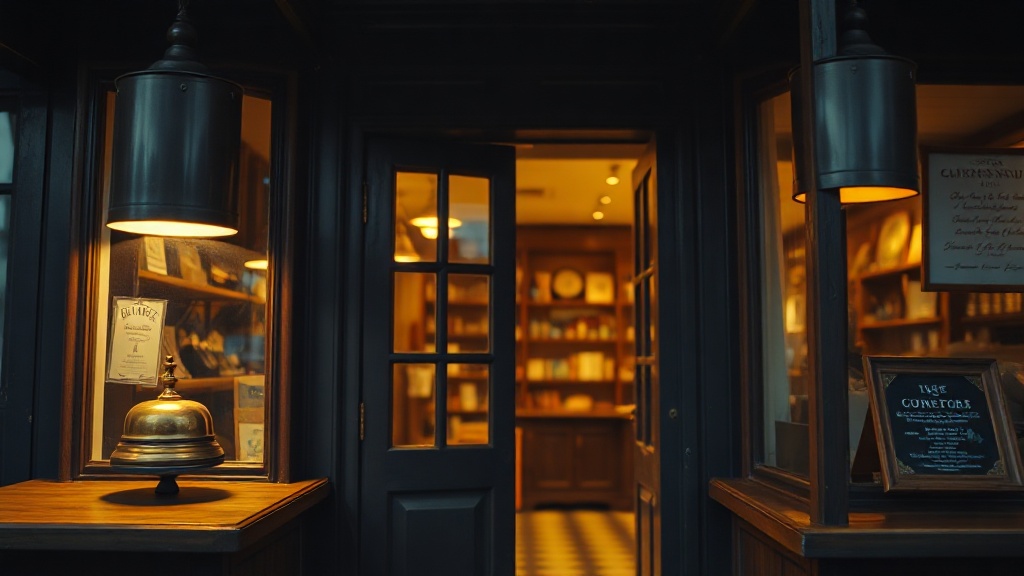 Corner store brass bell at dusk
